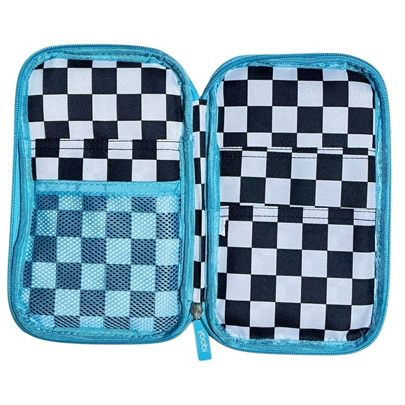 Yoobi Peace Sign Denim Checkerboard Organizer Pencil Case 7 Pocket Zip Around - Picture 3 of 15